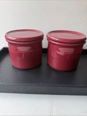 Set of 2 Longaberger Pottery Paprika Maroon Wooden Traditions Ceramic Jar/ Lid